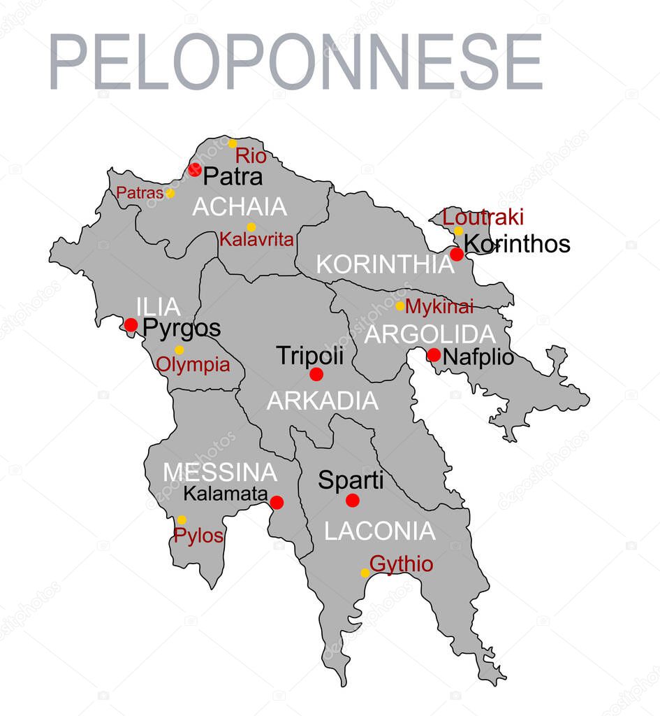 Peloponnese vector map vector silhouette illustration isolated on white background. Greek territory. Part of Greece coast line map regions administrative divisions, with separated provinces.