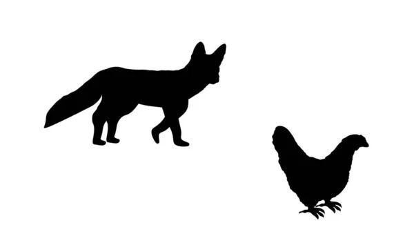 Renard Rusé Cache Une Silhouette Vectorielle Poule Isolée Sur Fond — Image vectorielle