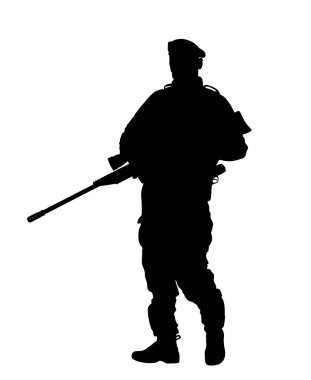 Askeri asker keskin nişancı tüfeğiyle vektör silueti çiziminde. Bağımsızlık Günü. Asker nöbeti elinde tutar. Ranger sınırda. Komandolar selamlıyor. Anma Günü, 4 Temmuz.