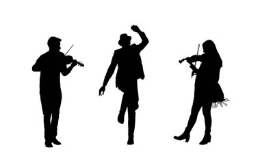 Birkaç müzisyen çarda dansçıları için keman çalıyor. Folklor düğün dansı vektör silüeti çizimi izole edildi. Klasik müzik icra edenleri eğlendirir. Keman çalma teli enstrümanı.