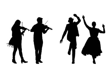 Birkaç müzisyen çarda dansçıları için keman çalıyor. Folklor düğün dansı vektör silüeti çizimi izole edildi. Klasik müzik icra edenleri eğlendirir. Keman çalma teli enstrümanı.