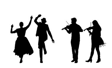 Birkaç müzisyen çarda dansçıları için keman çalıyor. Folklor düğün dansı vektör silüeti çizimi izole edildi. Klasik müzik icra edenleri eğlendirir. Keman çalma teli enstrümanı.