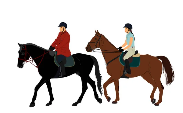 Jockey Ζευγάρι Γυναίκα Και Άνθρωπος Ιππασία Κομψό Αγωνιστικά Άλογο Διανυσματική — Διανυσματικό Αρχείο