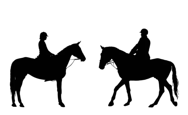 ジョッキーカップルの女性と男性が乗馬エレガントな競馬ベクトルシルエットイラスト隔離された白 ヒッポドローム女子スポーツイベント ジェットセットエンターテイメント 障害物を飛び越える馬術ライダーの女性 — ストックベクタ