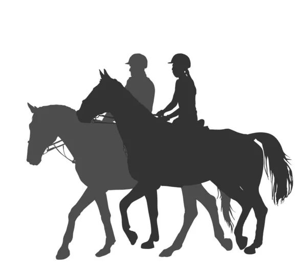 Jockey Ζευγάρι Γυναίκα Και Άνθρωπος Ιππασία Κομψό Αγωνιστικά Άλογο Διάνυσμα — Διανυσματικό Αρχείο