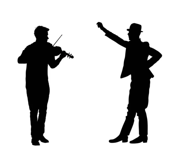Mann Spielt Geige Tänzer Czardas Folklore Tanz Vektor Silhouette Illustration — Stockvektor