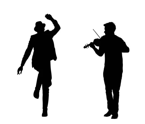 Homme Jouant Violon Danseur Czardas Danse Folklorique Vecteur Silhouette Illustration — Image vectorielle