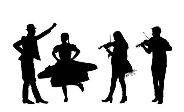 Birkaç müzisyen çarda dansçıları için keman çalıyor. Folklor düğün dansı vektör silüeti çizimi izole edildi. Klasik müzik icra edenleri eğlendirir. Keman çalma teli enstrümanı.