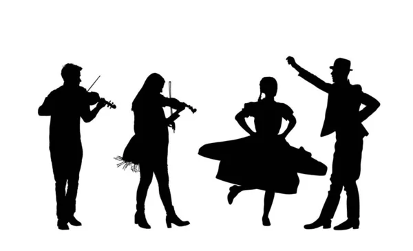음악가가 댄서들을 바이올린을 합니다 민속학자인 실루엣의 삽화는 떨어져 연주가들은 대중을 — 스톡 벡터