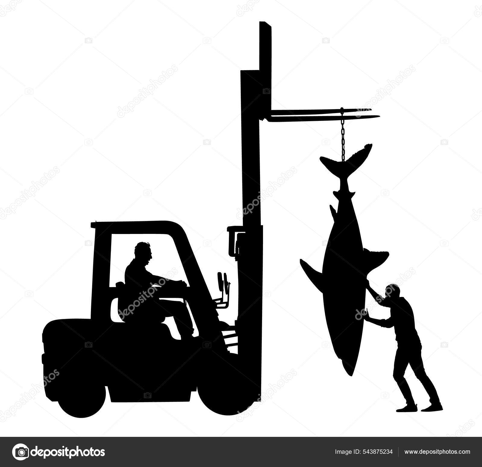 Fisherman Catch Great White Shark Vector Silhouette Illustration