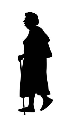 Büyükanne beyaz arka planda izole edilmiş sopa vektör silüetiyle yürüyor. Aktif, yaşlı bir kadın. Olgun insanlar, büyükanne ve büyükbaba. Koltuk değnekli yaşlı bayan. Sağlıklı büyükanne dışarıda eğleniyor..