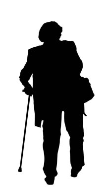 Büyükanne beyaz arka planda izole edilmiş sopa vektör silüetiyle yürüyor. Aktif, yaşlı bir kadın. Olgun insanlar, büyükanne ve büyükbaba. Koltuk değnekli yaşlı bayan. Sağlıklı büyükanne dışarıda eğleniyor..