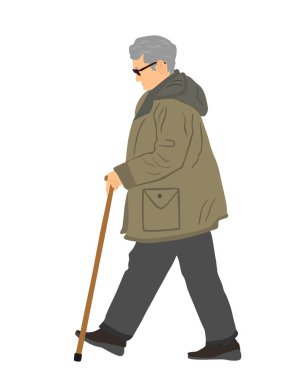 Büyükannem beyaz arka planda izole edilmiş bir sopa vektör çizimiyle yürüyor. Aktif, yaşlı bir kadın. Olgun insanlar, büyükanne ve büyükbaba. Koltuk değnekli yaşlı bayan. Sağlıklı büyükanne dışarıda eğleniyor, altın çağ.