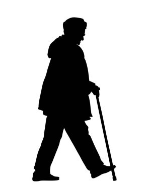 Büyükanne beyaz arka planda izole edilmiş sopa vektör silüetiyle yürüyor. Aktif, yaşlı bir kadın. Olgun insanlar, büyükanne ve büyükbaba. Koltuk değnekli yaşlı bayan. Sağlıklı büyükanne dışarıda eğleniyor..