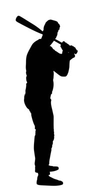 Beyzbol oyuncusu vektör silueti çizimi beyaz arkaplanda izole edildi. Sayı turu için beysbol sopasıyla topa vuruyor. Sahadaki sporcu. Amerika Birleşik Devletleri 'nde popüler spor. 