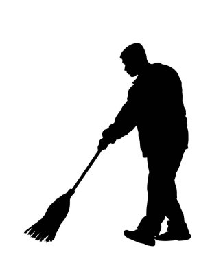 Beyazda izole edilmiş besom vektör silüeti ile süpüren işçiler. Fırçalı adam yaprak topluyor. Temizlik caddesi, süpürgeli oğlan. Kamu hizmeti kamu şirketini yıkıyor.