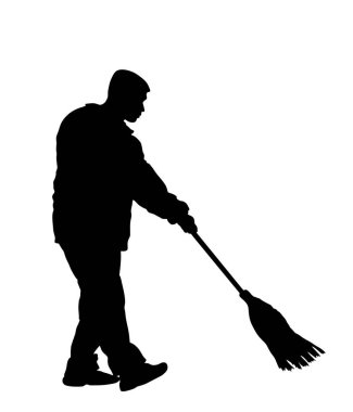 Beyazda izole edilmiş besom vektör silüeti ile süpüren işçiler. Fırçalı adam yaprak topluyor. Temizlik caddesi, süpürgeli oğlan. Kamu hizmeti kamu şirketini yıkıyor.