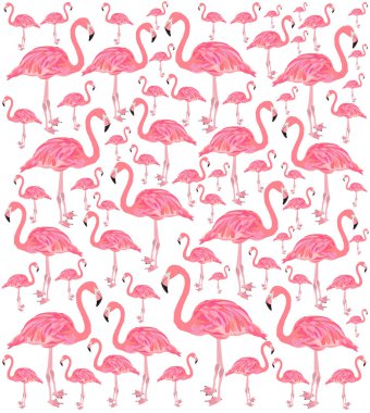 Beyaz arka planda izole edilmiş pembe flamingo kuş vektör silüeti çizimi. Lüks arka plan hayvan teması. Duvar kağıdı kuş deseni.