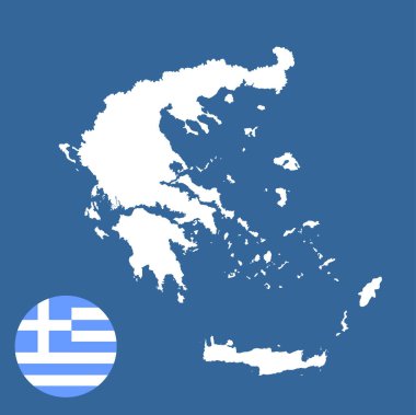 Yunan harita silueti ve Yunanistan 'ın ulusal bayrağı mavi üzerine izole edilmiş. Akdeniz ülkesi. AB devleti. Balkan devlet sembolü. Yunan bayrağı. Yunanistan vektör haritası silueti ve vektör bayrağı.