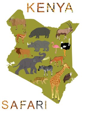 Kenya safari word, animal skin print over separated letter vector silhouette illustration isolated on background. Tourist invite to observing wildlife in national park. Kenya map safari animals Africa clipart