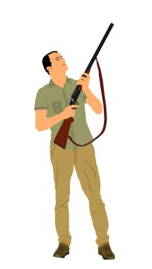 Beyaz arka planda izole edilmiş av tüfeği vektör çizimi olan avcı adam. Açık havada hobi olarak avlanan kuşlar. Tüfekli bir asker. Tetikçi mülkü savunur. Askeri açık hava becerileri..
