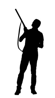 Beyaz arka planda izole edilmiş tüfek vektör silüeti olan avcı adamı hedef alıyor. Açık havada hobi olarak avlanan kuşlar. Tüfekli bir asker. Tetikçi mülkü savunur. Askeri beceriler.