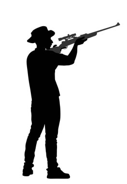 Beyaz arka planda izole edilmiş, keskin nişancı tüfekli, vektör silueti olan avcı adamı hedef alıyor. Açık hava hobisi. Şapkalı ve tüfekli bir asker. Tetikçi mülkü savunur. Askeri beceri