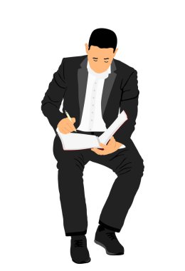 Yazar, beyaz arkaplanda izole edilmiş defter vektör illüstrasyonunda kalemle not yazar. Süitte oturan ve toplantıyı dinleyen bir iş adamı. Röportajda haberlere çıkan gazeteci. Ofis işi.