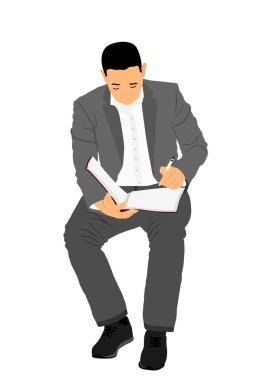 Yazar, beyaz arkaplanda izole edilmiş defter vektör illüstrasyonunda kalemle not yazar. Süitte oturan ve toplantıyı dinleyen bir iş adamı. Röportajda haberlere çıkan gazeteci. Ofis işi.