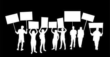 Bir grup insan protestocu vektör siluet çizimini izole etti. Adam el ele tutuşma işareti. Boş pankart levhası. Boş protesto bayrağı. Politik kışkırtma kampanyası. Gösteri sosyal işçi hakları