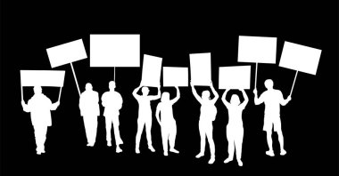 Bir grup insan protestocu vektör siluet çizimini izole etti. Adam el ele tutuşma işareti. Boş pankart levhası. Boş protesto bayrağı. Politik kışkırtma kampanyası. Gösteri sosyal işçi hakları