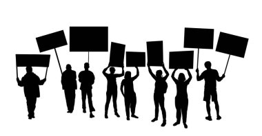 Bir grup insan protestocu vektör siluet çizimini izole etti. Adam el ele tutuşma işareti. Boş pankart levhası. Boş protesto bayrağı. Politik kışkırtma kampanyası. Gösteri sosyal işçi hakları