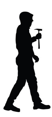 Çekiçli bir tamirci beyaz arka planda izole edilmiş bir tırnak vektör silüeti çiziyor. Tokmağın tamircisi. İnşaat işçisi tahtaya vuruyor. Marangoz evi tadilatı. Zor iş..