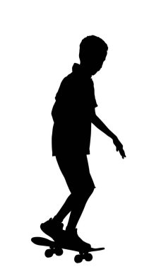 Beyaz arka planda izole edilmiş kaykaylı vektör silüeti çizimi. Çocuk oyuncağı, açık hava yaz aktivitesi. Kaykay tahtası şehir ulaşımı.