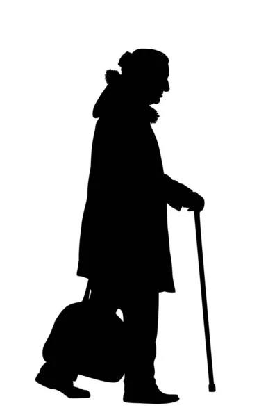 Grandmother Walking Stick Vector Silhouette Illustration Isolated White Background Old — Stock Vector