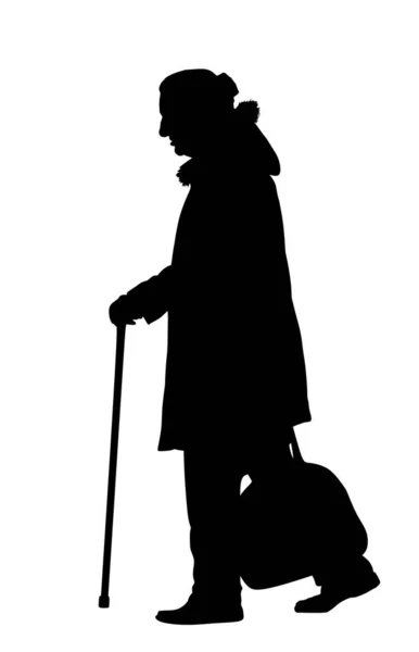 Grandmother Walking Stick Vector Silhouette Illustration Isolated White Background Old — Stock Vector