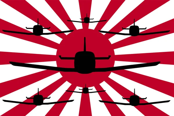 Plano Kamikaze Zero Silhueta Formação Aeronaves Esquadrão Batalha Sobre Bandeira —  Vetores de Stock