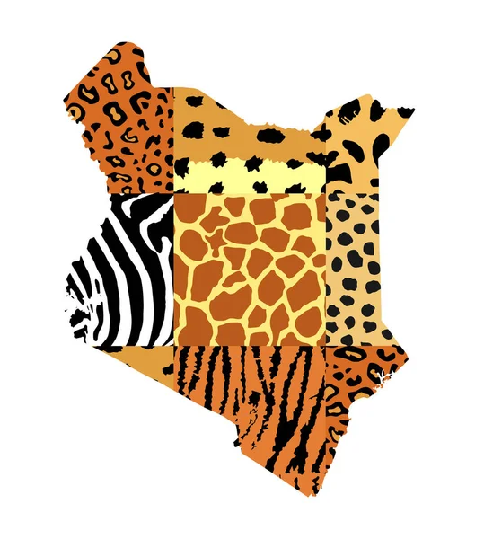 Kenya Map Animal Print Background Safari Animals Fur Skin Collection — Stock Vector