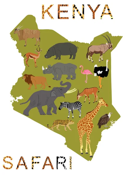 肯尼亚狩猎词 动物皮肤印在分离的字母矢量轮廓上 背景孤立 游客应邀参观国家公园里的野生动物 肯尼亚非洲狩猎动物图 — 图库矢量图片
