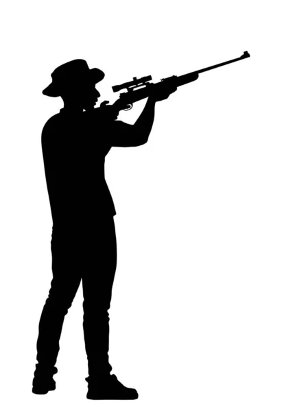 狙撃銃のベクトルシルエットのイラストとハンター男を目指して白の背景に隔離された アウトドア趣味狩り 帽子とライフルを持った兵士だ 銃撃犯は財産を守る 軍事技術 — ストックベクタ
