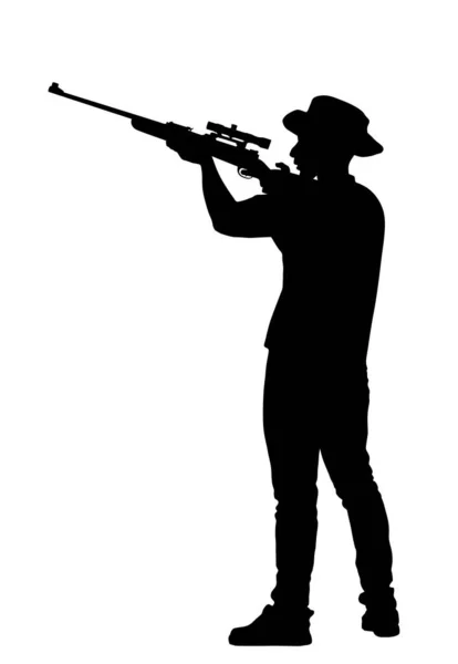 瞄准猎人用狙击步枪矢量轮廓图分离的白色背景 户外业余爱好打猎 拿着帽子和来复枪当班的士兵 男子射手保卫财产 军事技能 — 图库矢量图片