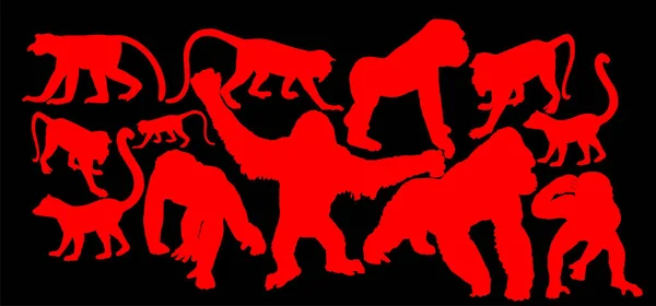 Siyah Arkaplanda Izole Edilmiş Maymun Koleksiyonu Vektör Çizimi Şempanze Goril — Stok Vektör