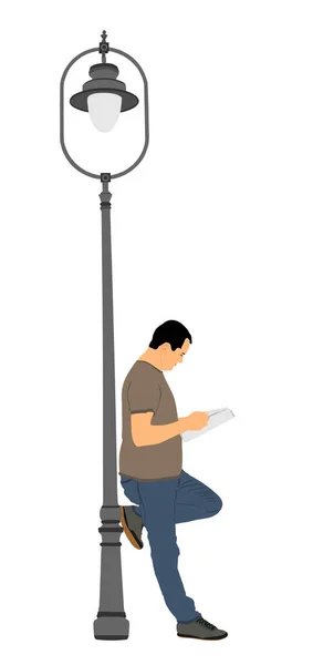 Stehender Mann Liest Zeitungsvektorillustration Isoliert Auf Weißem Hintergrund Straßenlaterne Laterne — Stockvektor