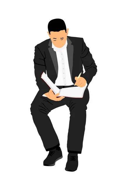 Escritor Hombre Escribe Nota Con Lápiz Ilustración Vectorial Cuaderno Aislado — Vector de stock