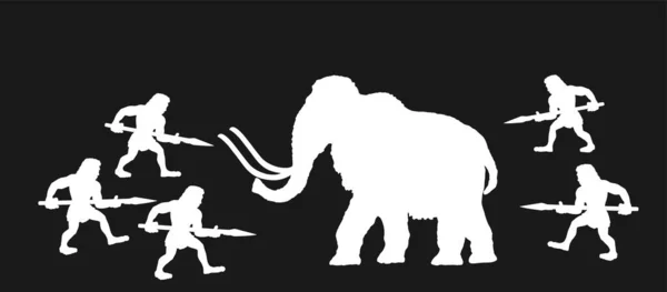 Caveman Chasseurs Mammouth Chasse Avec Illustration Silhouette Vectorielle Lance Isolé — Image vectorielle