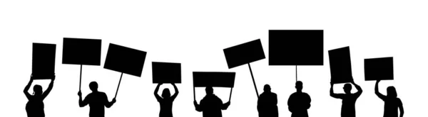 一群抗议者孤立地展示了矢量轮廓 男人手牵着标志 空的横幅板空白抗议旗 政治煽动运动 示范社会劳动者的权利 — 图库矢量图片