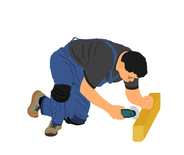 Repairman Dengan Penggiling Memotong Kayu Balok Vektor Ilustrasi Terisolasi Pada - Stok Vektor