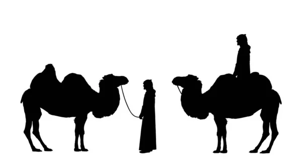 Arabian Man Sheikh Standing Riding Camel Vector Silhouette Illustration Isolated — Stock Vector