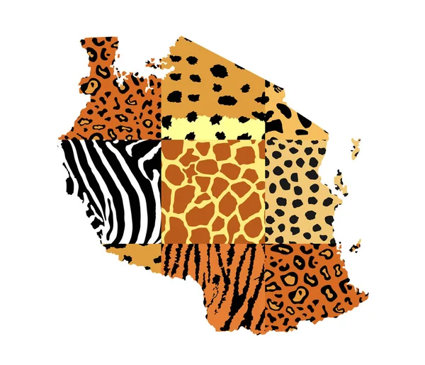 Tanzania Map Animal Print Vector Silhouette Illustration Isolated Safari Animals — Stockvector