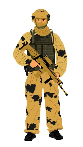 Soldado Del Ejército Camuflaje Desierto Arena Con Rifle Francotirador Casco — Vector de stock